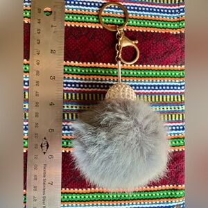 Gray Faux Fur Pom Pom Keychain with Gold Accent
